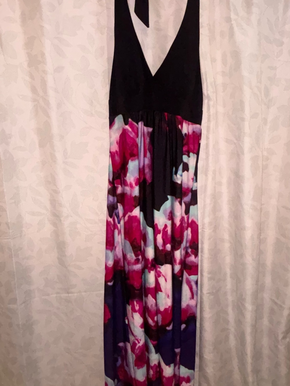 HeartSoul Black Halter Maxi Dress with Fuchsia Floral Print M- 60” long